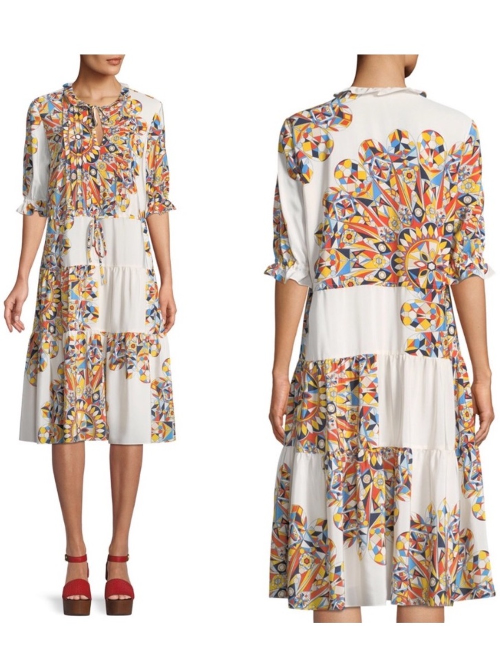 Tory Burch Arabella Kaleidoscope Geo Printed Midi Peasant Dress, White Multi, S